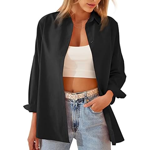 Lumister Spring Candy Color Cotton Button Down Shirt Long Sleeve Lapel Collar Casual Oversized Shirt Blouses for Women(0455-Black-M) Cover
