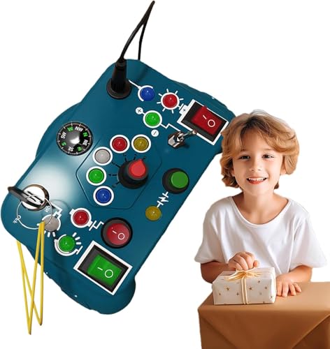 Image of SHINETOY Busy Board, Montessori Toys, LED Busy Board for Toddlers, Light up Sensory Toys with 8 Switches and 12 LED Lights, Gifts Toy for Babies Boys and Girls, Yellow (Blue)
