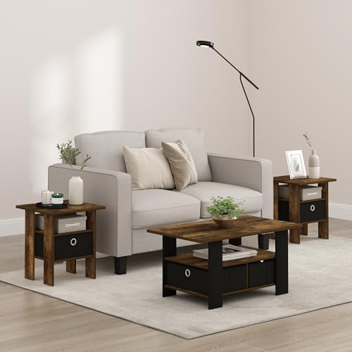 Image of Furinno Andrey Set of 2 Square Side Table, End Table, Amber Pine | Open Shelves and Storage Bin, Square Modern Night Stand, Bedside Table, for Living Room, Bedroom