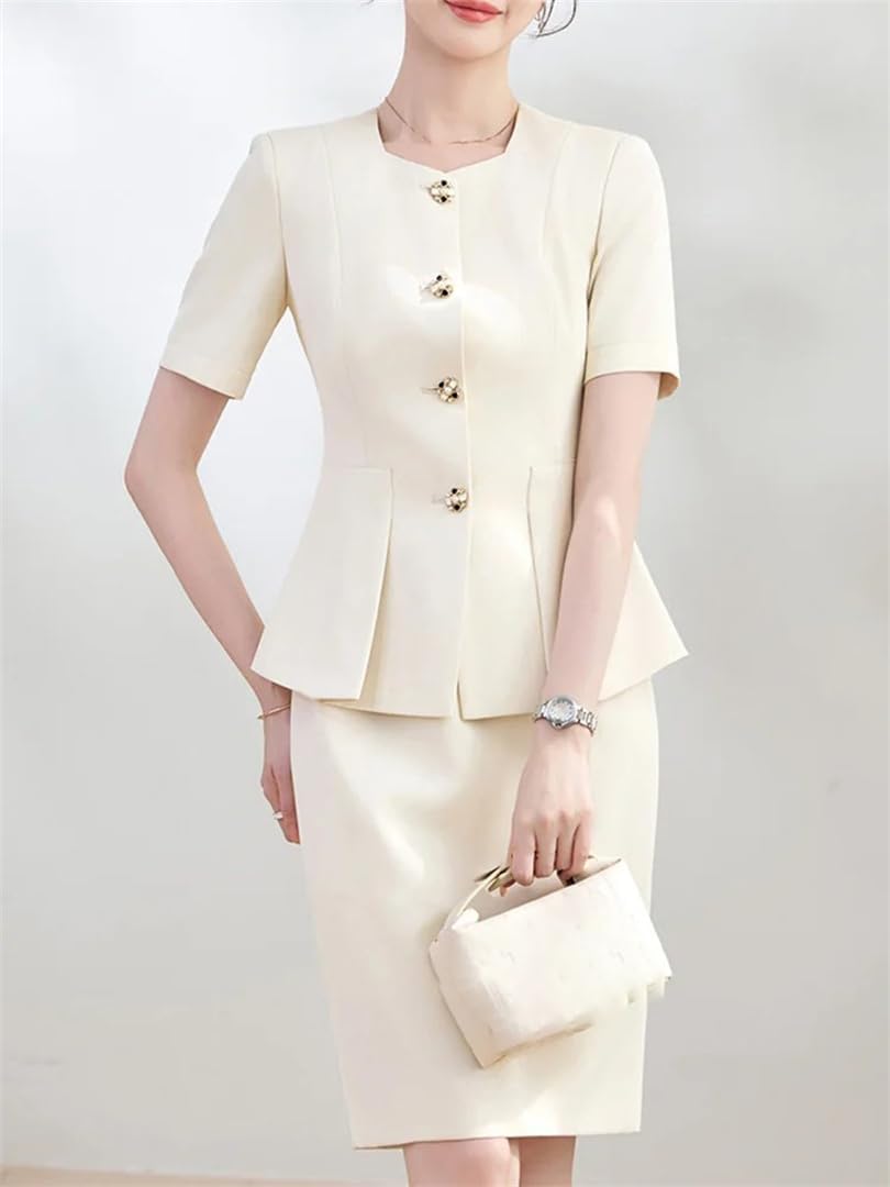 Women's Elegant Blazer Set Fashion Office Short Sleeve Two Piece Solid Button Down Top and Mini Skirt Suit