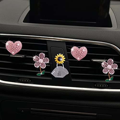 Image of Bling Pink Daisy Car Air Fresheners with 4 Heart Vents Clips for Women's Carr deco + Mask Hook