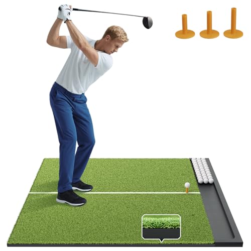 Golfpar Golf Hitting Mat with Built-in Ball Tray & Alignment Line – 26mm Thickness, Indoor Outdoor Golf Practice Mat with EVA Foam Base, Durable Turf, and 3 Rubber Tees for Backyard or Garage