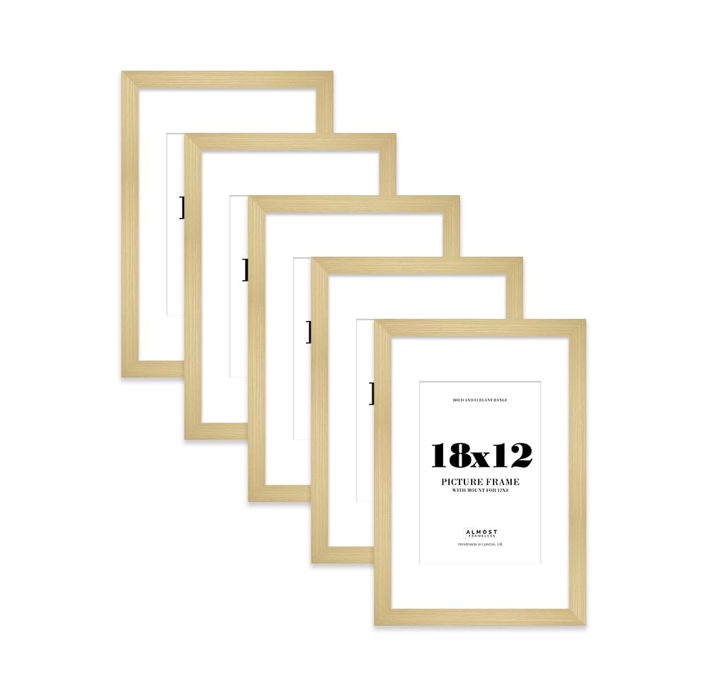 18x12 Gold Frame With Mount for 12x8 Pictures 28mm Edge Portrait and Landscape Display with Wall Hooks, 5 Pack