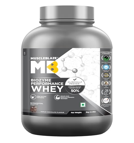 Image of MuscleBlaze Biozyme Performance Whey Protein Powder, 2kg (4.4lbs) | Triple Chocolate | 25g Protein Per Scoop | Clinically Tested 50% Higher Protein Absorption