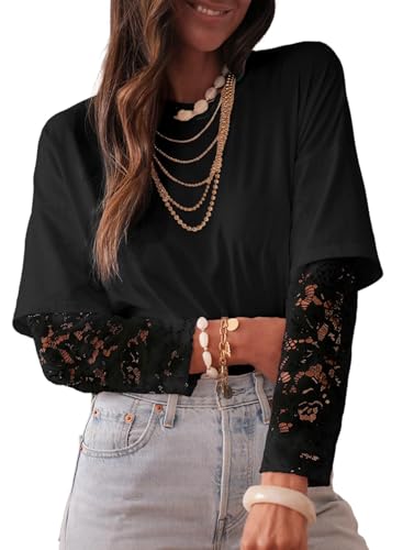 Acelitt Womens Mesh Long Sleeve Tops Crewneck Lace Blouse Shirts,S-XXL