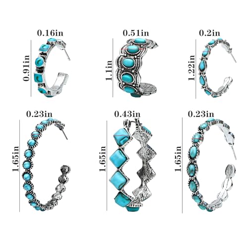 NEWITIN 6 Pairs Turquoise Hoop Earrings for Women Hypoallergenic Earring Bohemian Oval Earring Statement Ethnic Hoop Turquoise Western Earrings for Women2