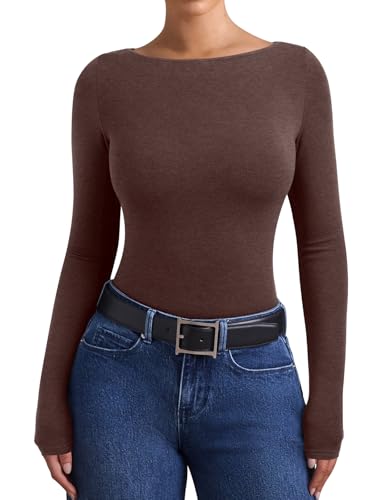 PINKMSTYLE Womens Boat Neck Basic Fall Winter Long Sleeve Tops Slim Fit Business Casual Going Out Top Brown XX-Large — view 3