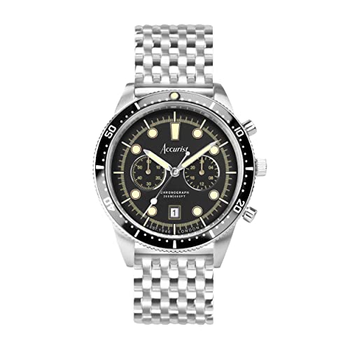 Accurist Dive 42mm Quartz Watch in Black with Chronograph Analogue Display, and Stainless Steel Bracelet 72005