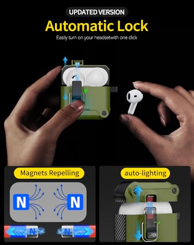 Image of Pohgelan for AirPods 4 Case with Safety Lock-Dark Green | Magnetic Automatic Lock with Cleaning Kit&Keychain,Compatible with Magsafe