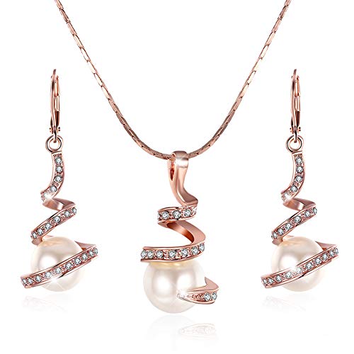 KOLOVEADA Conjunto de Joyas para Mujer Pendientes para Mujer Colgante Collar de Perlas Colgante con Cristal (Rose Gold Set)