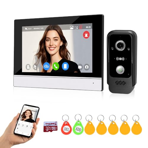QTTYELOK Sistema de Intercomunicación WiFi Tuya Visual Cámara Timbre de Vídeo 1080P HD, con Pantalla Táctil de 7 Inch, Visión Nocturna Infrarroja, Grabación, Desbloqueo de App/Tarjetas RFID