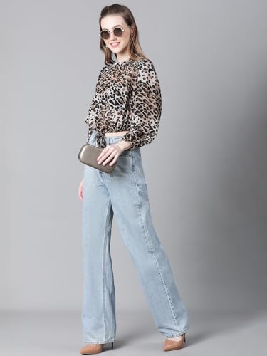Image of oxolloxo Women Animal Print Round Neck Long Sleeve Elasticated Tie-Up Crop Top