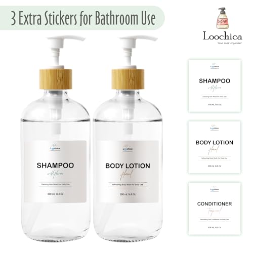 Image of LOOCHICA 2 Pack Clear Glass Soap Dispenser with Plastic Pump, Transparent Dish and Hand Soap Dispenser Set, Refillable Reusable Apothecary Soap Pump Dispenser Bottles for Bathroom and Kitchen