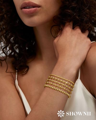 shownii Gold Bracelets for Women - 14K Gold Plated Stretch Beaded Bracelets Stackable Bead Ball Adjustable Jewelry Set with Cross Graduation Gifts for Her2