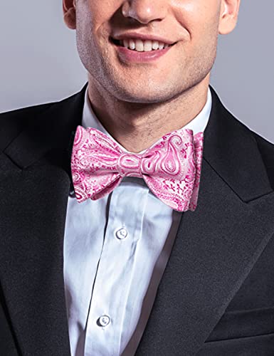 Image of DiBanGu Men Bow Tie Paisley Striped Self-Bow Tie for Men and Silk Woven Bowtie Pocket Square Cufflinks Wedding Party