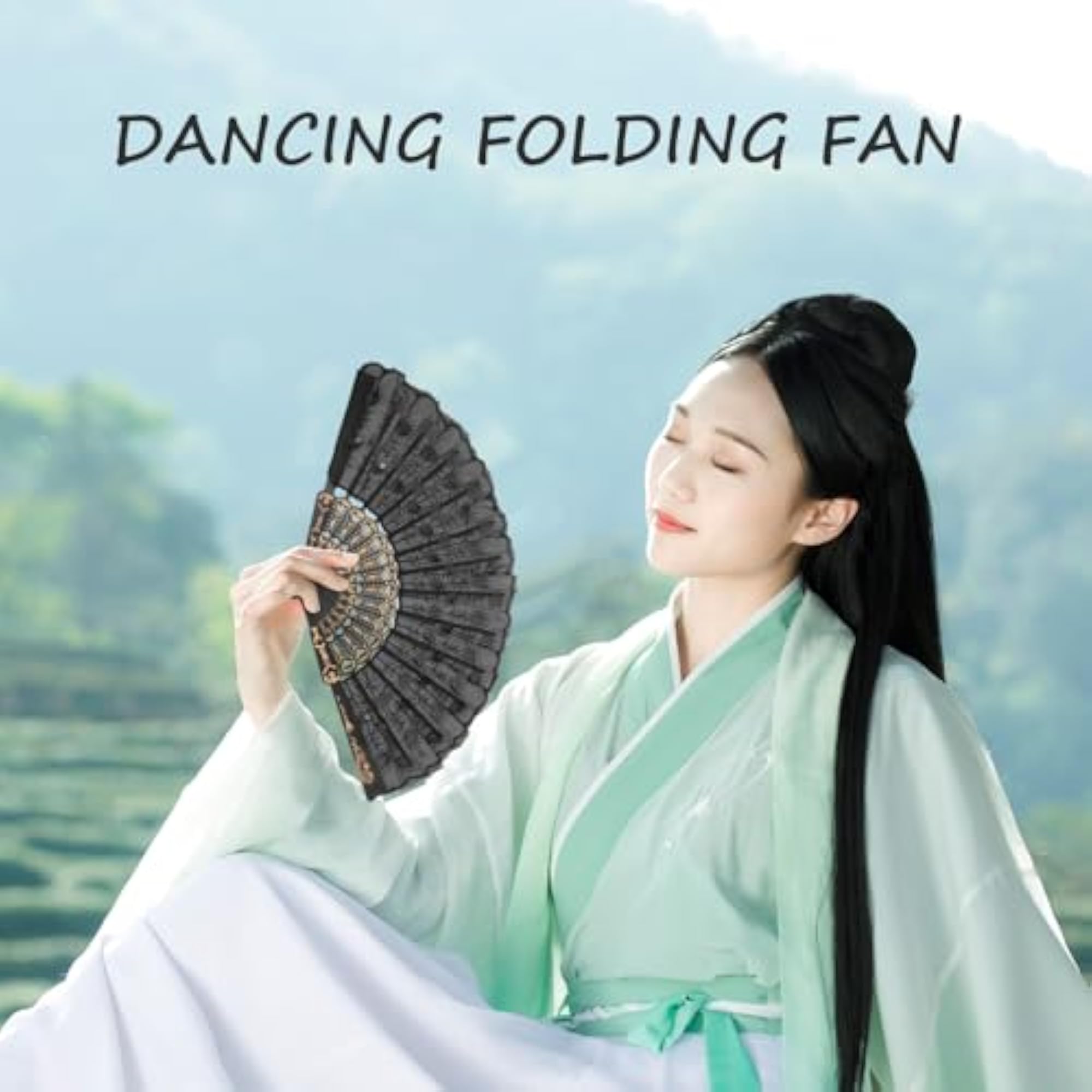 Black Embroidered Sequin Folding Fan for Dance