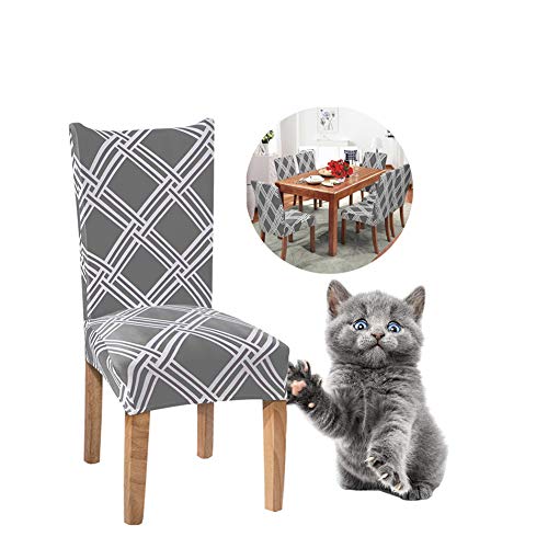 Junyito Fundas para Sillas de Comedor Fundas Decorativas para Sillas Altas Fundas Licra Protectoras Elasticas 4/6 Piezas (Q-Gris/Enrejado, 4...