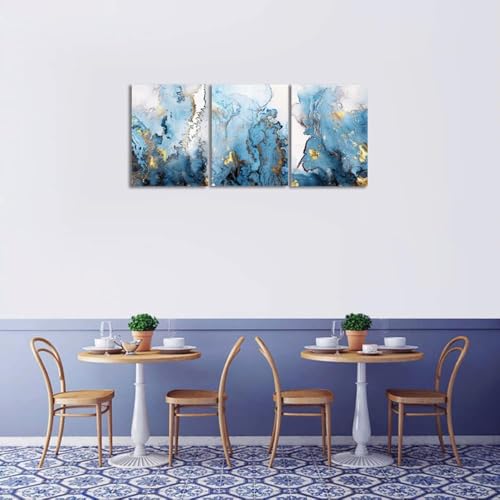 SERIMINO Blue Abstract Canvas Wall Art for Living Room, Navy and Gold Fluid Marble Wall Decor for Bedroom, Bathroom, Office, Home Decor, Set of 3 Print Painting, 16"X24"