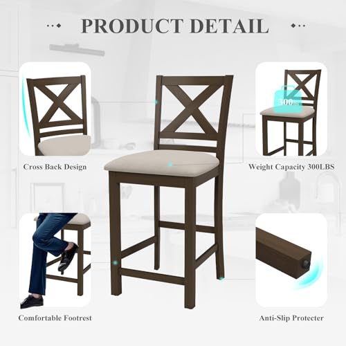 Image of COLAMY Upholstered Counter Height Bar Stools Set of 2, Modern Kitchen Island Barstools Chairs with Cross Back and Wood Legs for Dining Room Bar, Brown Black