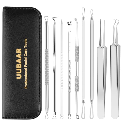 UUBAAR Blackhead Remover Tools, 9 PCS Pimple Popper Tool Kit & Comedone Extractor - Professional Acne, Zit, Blemish & Whitehead Removal for Face & Nose, with Stainless Steel Tweezers & Travel Case