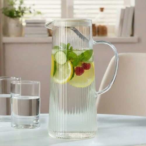 Image of Borosil 1.35 L Breeze Glass Jug with Acacia Wood Lid | Borosilicate Glass Water & Juice Pitcher | Refrigerator Safe | Elegant Serving Jug for Home & Dining