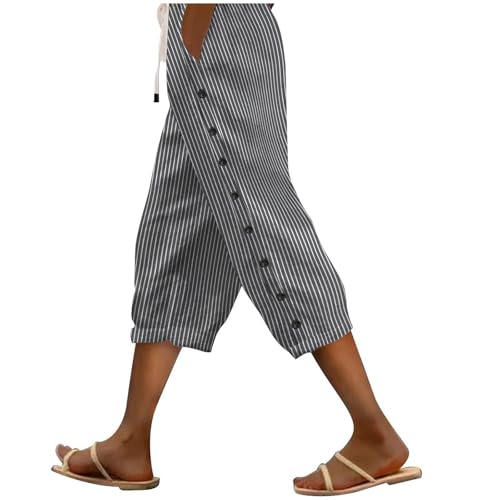 Striped Linen Capri Pants Women,2025 Casual Lightweight Summer Cropped Pants Beach Outfits