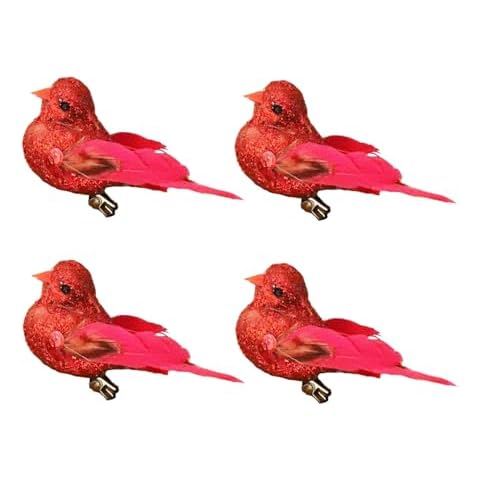 FBIRDY 4pcs Tiny Red Glitter Artificial Foam Birds Clip on Decorative Bird Ornaments for Crafts Christmas Tree Wedding Decoration Home Garden Party Accessories (Red-4) Cover