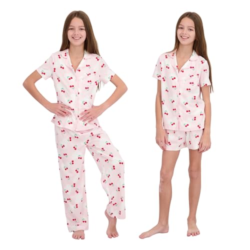Image of US Angels Girls Pajama Set 3 Piece, Short Sleeve Button Down PJs with Shorts & Pants, Soft Sleepwear Girls & Tweens Size 5-16
