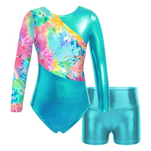 Girls Metallic 2 Pcs Dance Outfit Cutout Back Gymnastics Leotard with Shorts Biketard Unitard