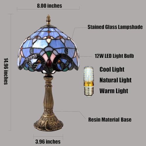 Image of Tiffany Table Lamp 3-Way Light Handmade Bedside Lamp Small Desk Night Lamp Stained Glass Antique 15inch Tall Desk Light for Home Office Bedroom Living Room Study Room, Blue