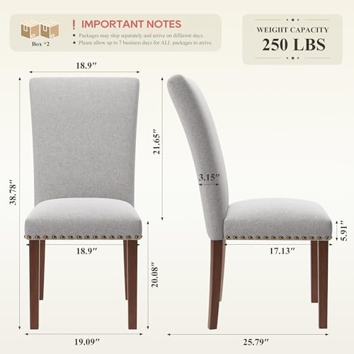 Image of COLAMY Upholstered Parsons Dining Chairs Set of 4, Fabric Dining Room Kitchen Side Chair with Nailhead Trim and Wood Legs - Light Grey