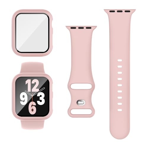 Raradev 3-in-1 für Apple Watch 40mm mit Hülle, Displayschutz, Silikonarmband und Schutzhülle mit 9H Glas für iWatch Serie 6/5/4/SE3, Rosa