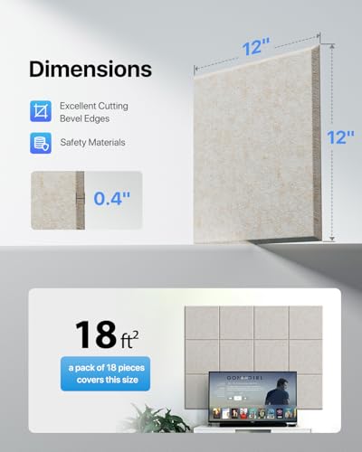 Image of Soundsbay Self-Adhesive Soundproof Wall Panels 18 Pack 12 inchx12 inch Beige | Square Acoustic Panels, 150kg /m High Density Covers 18 sq ft, Sound Proof Panels for Walls, Home Office, Bedroom