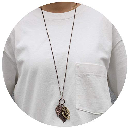 Pomina Gold Silver Two Tone Filigree Fall Leaf Pendant Long Necklace Chic Sweater Chain Statement Necklace For Women (Worn Choco Gold) #TOP1