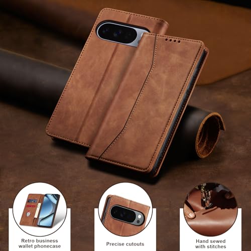 Image of Jasonyu Flip Wallet Case for Google Pixel 10 /10 Pro 5G,Leather Magnetic Folio Cover with Card Holder,Kickstand - TPU Shockproof Durable Protective Phone Case,Brown