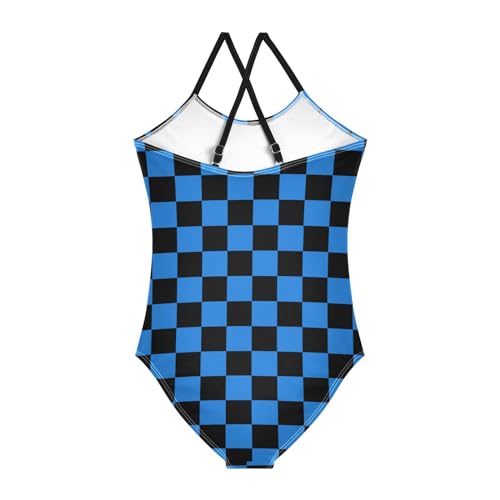 Image of Black and White Chess Girls One Piece Swimsuits Board Marble Tile Sport Halter Swimwear Beach Bathing Suit 3T