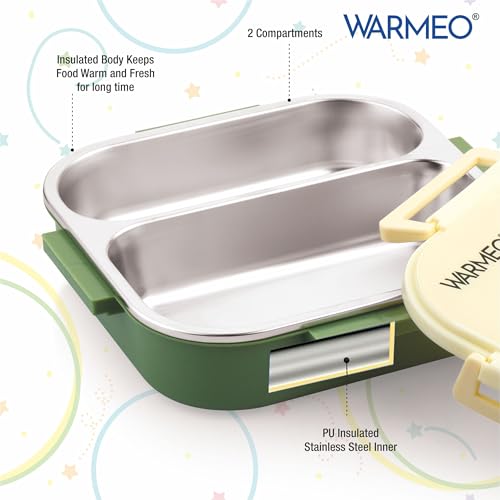 Image of WARMEO Jerry Insulated Lunch Box with Two Compartment BPA Free, Kids Lunch Box,Food Grade Ideal for School, Picnic, Office & Outdoor - 500ml Avocado, Stainless Steel