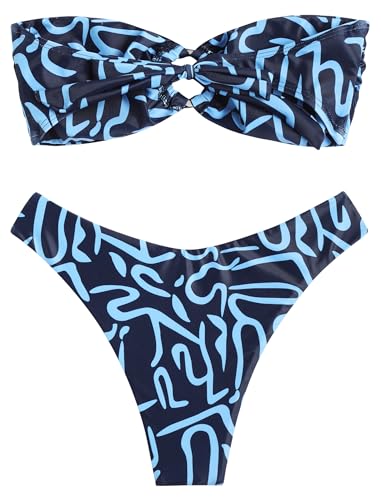 Image of ZAFUL Women's Bandeau Bikini O Ring Strapless Tie Back High Cut Two Piece Swimsuit Bathing Suits