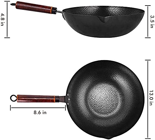 Wok de acero al carbono con mango de madera y tapa miniatura 2