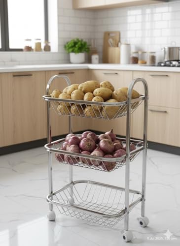 Image of Stainless Steel 3-Tier Kitchen Trolley with Wheels, Vegetable and Fruit Storage Organizer Basket Rack Stand.