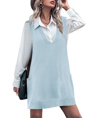 Image of HOTOUCH Women Sweater Vest Oversized V Neck Sleeveless Knit Pullover Ribbed Vest Dress with Pockets
