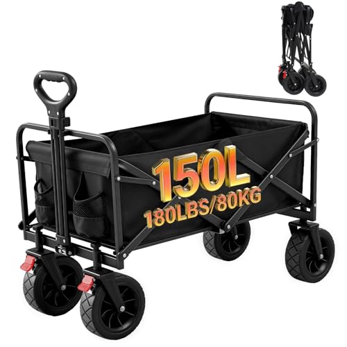 Palawano 150L Chariot Pliable à roulettes, Chariot Pliant de Transport Tout Terrain pour Camping Plage et Jardin, Chariot de Peche avec Freins et Poignée...