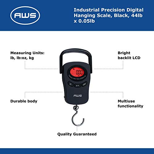 Image of American Weigh Scales PK-110 Digital Hanging Scale - 110lb x 0.1lb Capacity, Red Backlit LCD Display, Portable Electronic Luggage & Fishing Scale (Black)