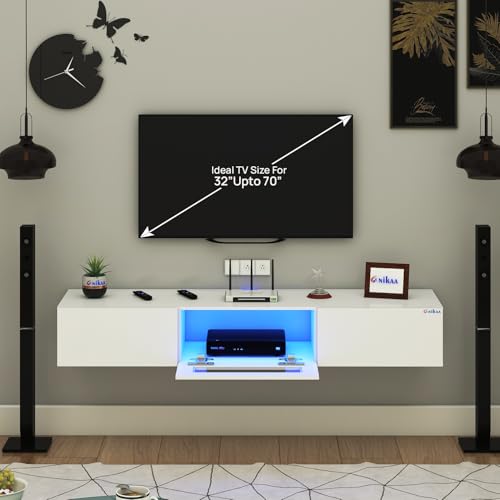 Image of Anikaa Lucen Wall Mount Modern Floating TV Unit for Living Room | 3 Closed Storage cabinets with hinged Door - Blue Color LED Light | Ideal for UP to 65 Inch TV (White Finish - DIY Installation)
