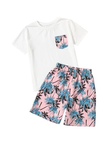 Image of Floerns Boy's 2 Piece Outfit Summer Tropical Short Sleeve Tee Shirt and Shorts Set