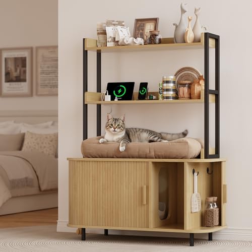 Image of ONBRILL 54 Inch Hidden Litter Box Furniture with Shelves and Outlets,Oak