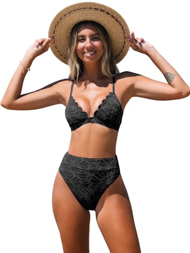 CUPSHE Bikini Set for Women Bathing Suit High Waisted Scalloped V Neck Two Pieces Swimsuit, M Black