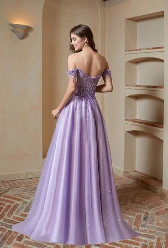 Off Shoulder Tulle Prom Dresses Long Ball Gown for Women Sequin Beaded Formal Evening Gown2