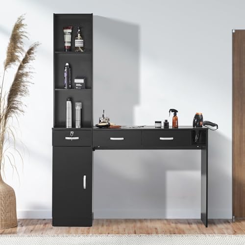 VEVOR Salon Station, Wall Mount Barber Salon Station for Hair Stylist, Beauty Spa Furniture Set, 1 Storage Cabinet, 3 Open Cubbies and 3 Drawers(One Lockable), Black - Image 3