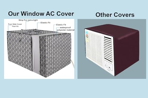 Image of The Furnishing Tree Elastic fit waterproof Polyester window ac cover suitable for Croma 1 Ton, Dustproof cover for inner and outer section, In CM: (48.26x59.69x38.74), Basketweave Pattern Grey